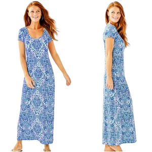 Lilly Pulitzer Wynne Maxi Dress Women XL Blue Call Me My Shell Phone Floral
